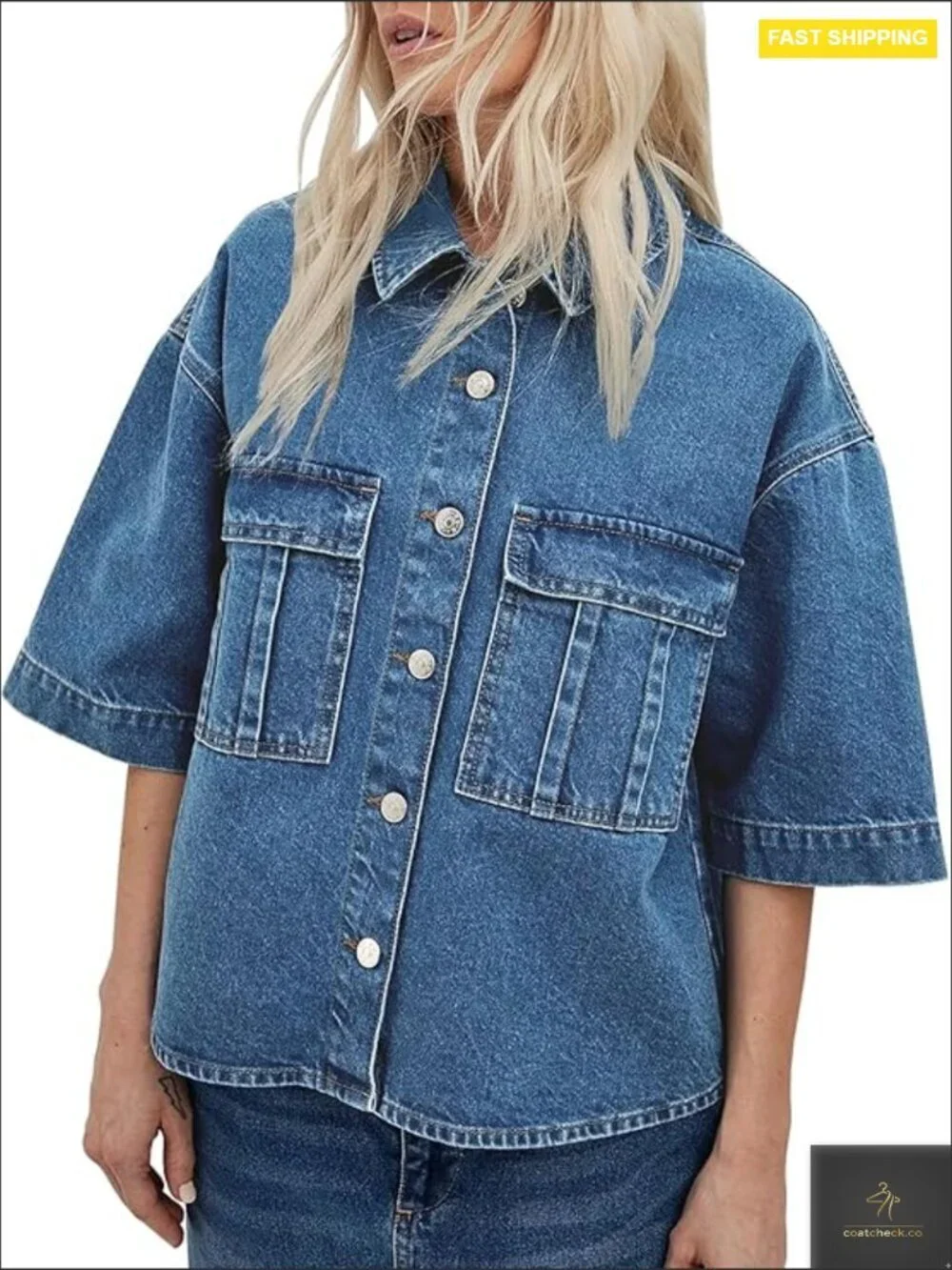 Oversized Cropped Denim Jacket Short Sleeve Vintage Chic Button Down Shacket